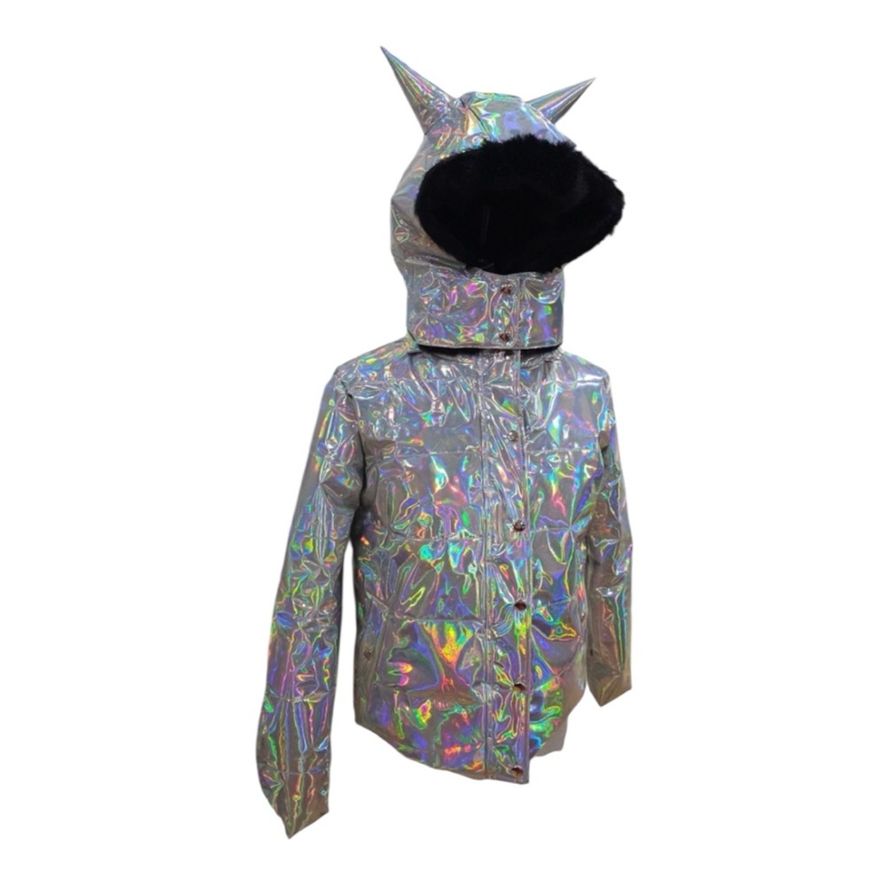 Dolls Kill NWT Dark Savage Signals holographic Puffer Jacket From Club EXX - Picture 7 of 11